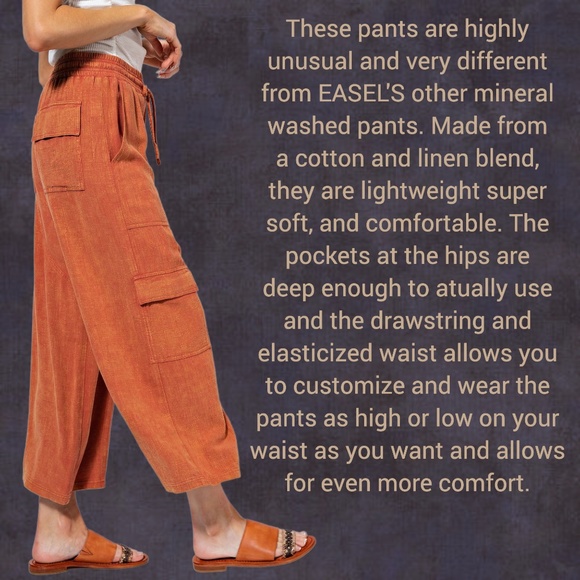 EASEL "Linen Lounge" Cotton Blend Mineral Washed Wide Leg Pants W/ Cargo Pockets - Picture 3 of 15